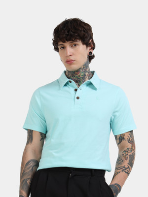 estuna Solid Men Polo Neck Light Blue T-Shirt