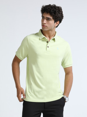 estuna Solid Men Polo Neck Yellow T-Shirt