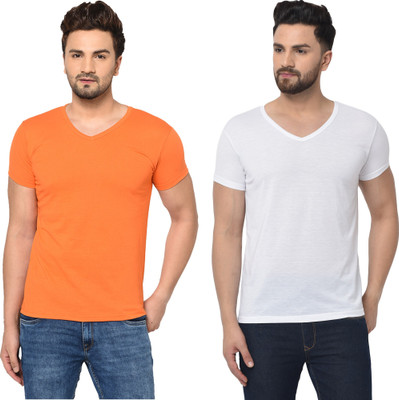 Tresna Trendy Solid Men V Neck Orange, White T-Shirt