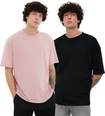 Peach Blossom Solid Men Round Neck Black, Pink T-Shirt