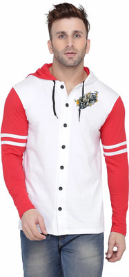 Blisstone Printed Men Hooded Neck White, Red T-Shirt