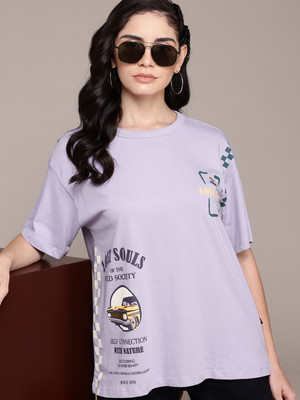 Roadster Printed Women Round Neck Purple T-Shirt