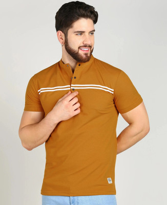 Alan Jones Striped Men Mandarin Collar Brown T-Shirt