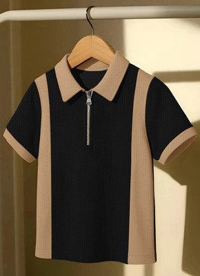 KAJARU Self Design Men Zip Neck Beige, Black T-Shirt