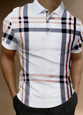 AUSK Checkered Men Polo Neck White T-Shirt