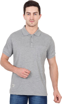 Xohy Striped Men Polo Neck Grey T-Shirt