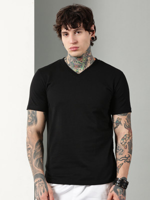 Own The Look Solid Men V Neck Black T-Shirt