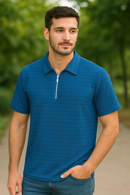 METRONAUT Striped Men Zip Neck Blue T-Shirt