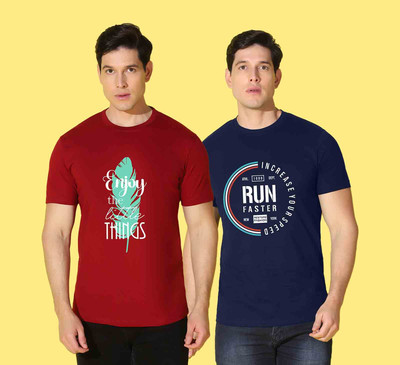 WOOSTRO Printed, Typography Men Round Neck Maroon, Blue T-Shirt