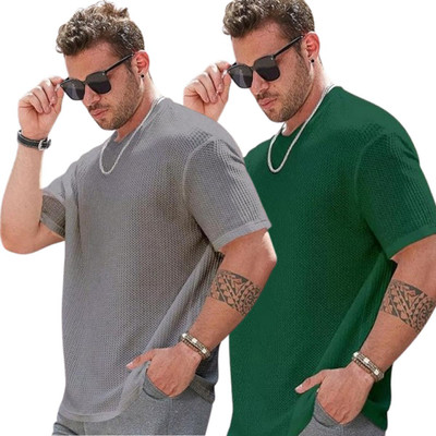 COPEHHI Solid Men Round Neck Green, Grey T-Shirt