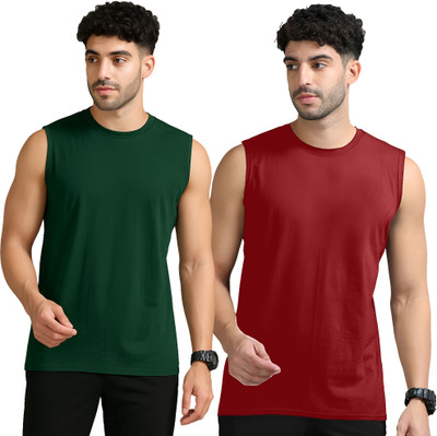 Adorbs Solid Men Round Neck Dark Green, Maroon T-Shirt