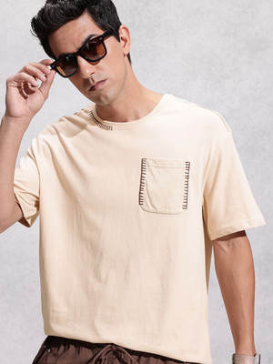 WROGN Solid Men Round Neck Beige T-Shirt