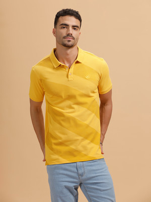 WROGN Striped Men Polo Neck Yellow T-Shirt