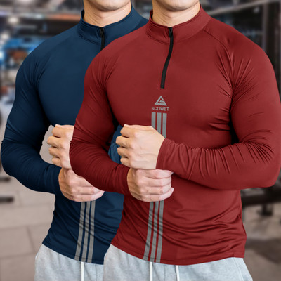 SCOWET Striped Men High Neck Red T-Shirt