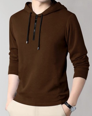 Starvy Solid Men Hooded Neck Brown T-Shirt