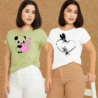 Kasendra Graphic Print Women Round Neck Green, White T-Shirt