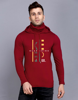 SLOWLORIS Printed, Typography Men Hooded Neck Maroon T-Shirt