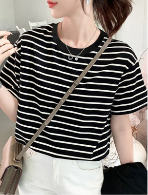 Helpom Striped Women Round Neck Black T-Shirt