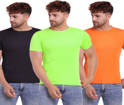 KASPY Solid Men Crew Neck Black, Orange, Light Green T-Shirt