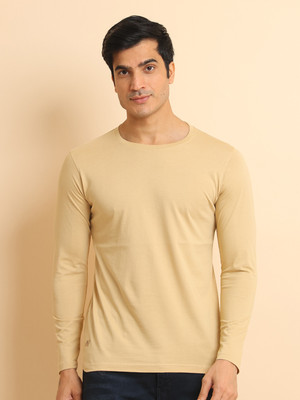 BERRYBLUES Solid Men Round Neck Beige T-Shirt