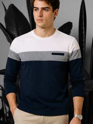 FASHIUM Striped Men Round Neck Navy Blue T-Shirt
