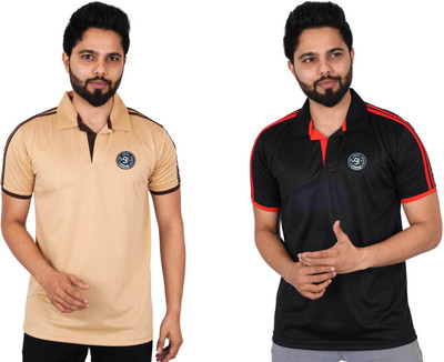 La Milano Printed Men Polo Neck Black, Beige T-Shirt