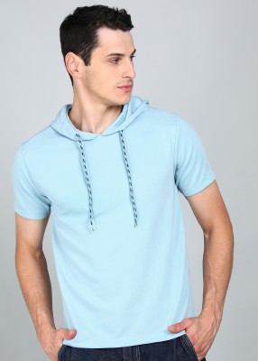 HIGHLANDER Solid Men Hooded Neck Blue T-Shirt