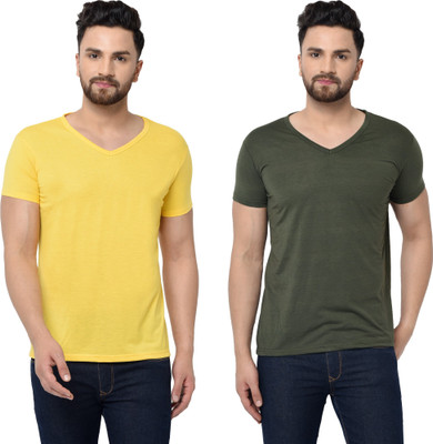 Tresna Trending Solid Men V Neck Green, Yellow T-Shirt
