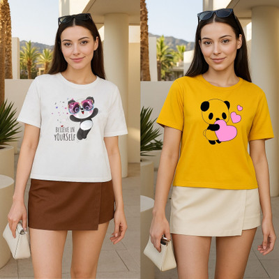 Herway Graphic Print Women Round Neck White, Yellow T-Shirt