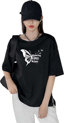 HouseOfCommon Printed Women Round Neck Black T-Shirt
