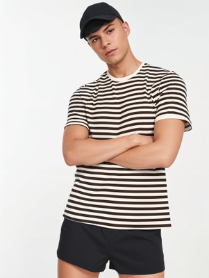 VIMAL JONNEY Striped Men Round Neck Brown, White T-Shirt