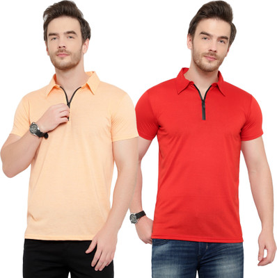 Moordale Fab Solid Men Polo Neck Red, Beige T-Shirt