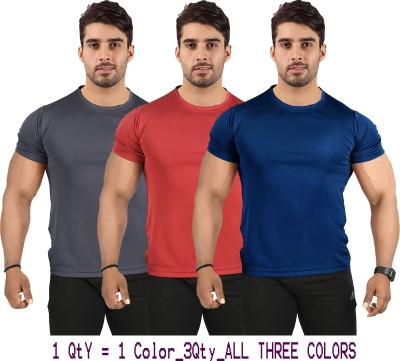 UDI n ADI Solid Men Round Neck Grey, Maroon, Blue T-Shirt