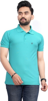 More & More Solid Men Polo Neck Green T-Shirt