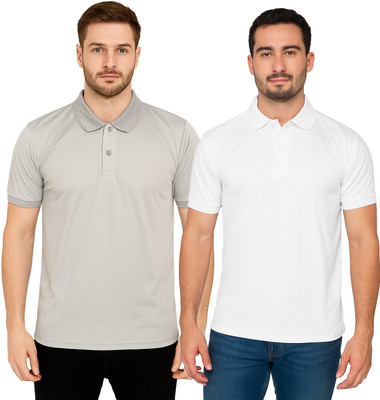 YUALIN CREATION Solid Men Polo Neck White, Grey T-Shirt