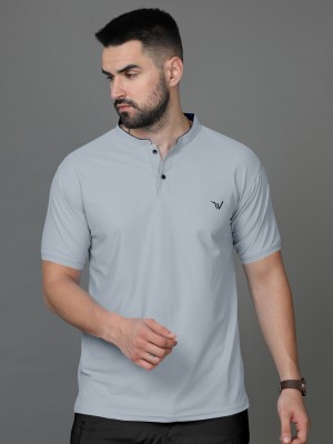 MENTIFIC Solid Men Mandarin Collar Grey T-Shirt