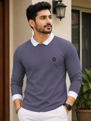 VeBNoR Self Design Men Polo Neck Grey T-Shirt