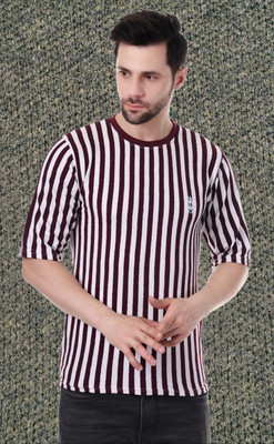 Marc Laurent Striped Men Round Neck Purple T-Shirt