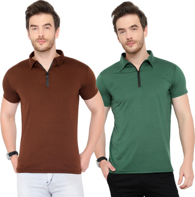 JB Jangoboy Solid Men Polo Neck Dark Green, Brown T-Shirt