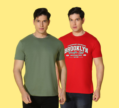 WOOSTRO Graphic Print, Solid Men Round Neck Green, Red T-Shirt