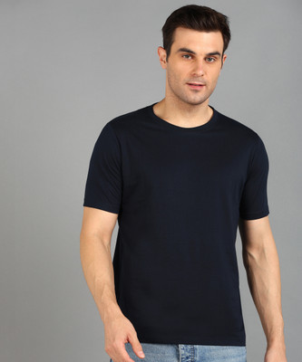 KAEZRI Solid Men Round Neck Navy Blue T-Shirt