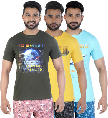 COLORS by Rupa Frontline Graphic Print Men Round Neck Dark Green, Yellow, Light Blue T-Shirt