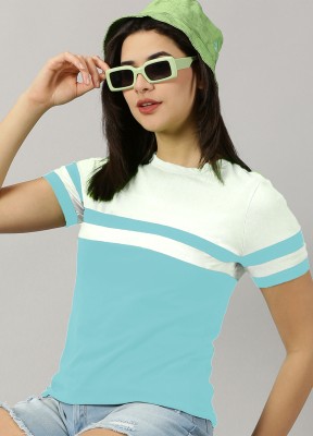 AUSK Colorblock Women Round Neck White, Light Blue T-Shirt