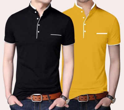 Yezi Solid Men Mandarin Collar Black, Yellow T-Shirt
