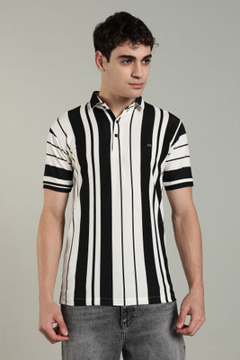 Vividvibe Self Design Men Polo Neck Black T-Shirt