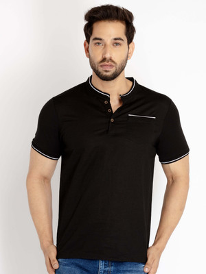 Status Quo Solid Men Mandarin Collar Black T-Shirt