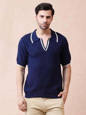 NOQUO Self Design Men V Neck Dark Blue T-Shirt