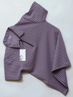 N AND J Striped Men Polo Neck Purple T-Shirt