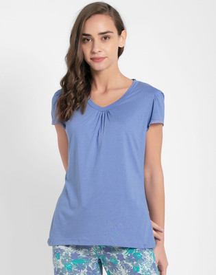 JOCKEY Solid Women V Neck Blue T-Shirt