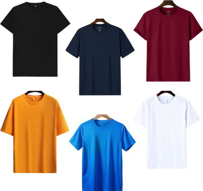 TTFE Solid Men Round Neck Black, Navy Blue, White, Orange, Blue, Maroon T-Shirt